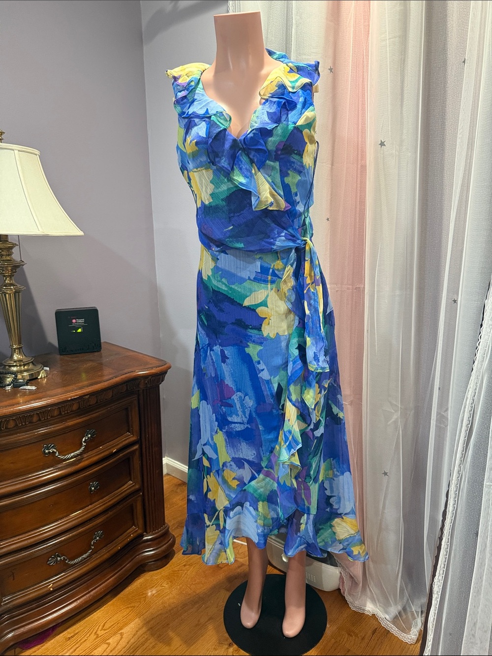 London Times Blue and Yellow Floral Ruffle Wrap Maxi Dress
